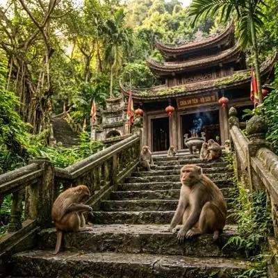 Đàn khỉ hoang dã ngồi chơi trên bậc đá chùa cổ