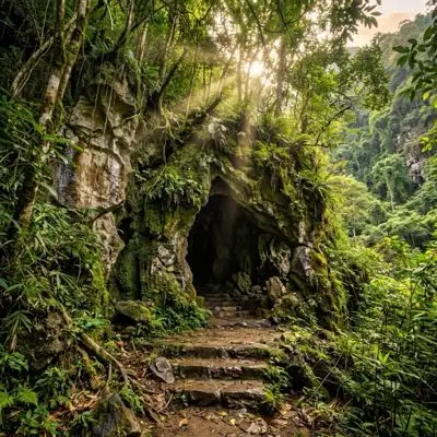 Lối vào hang đá tự nhiên mossy trong rừng sâu