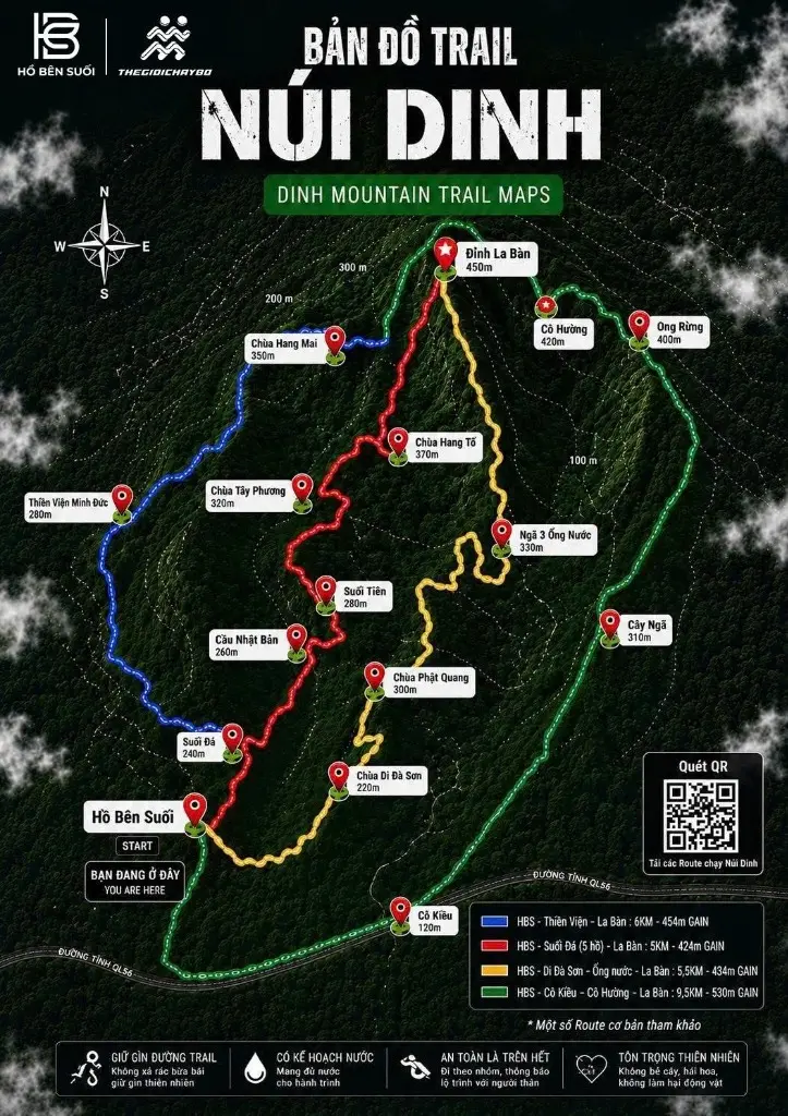 Bản đồ 4 tuyến đường trekking Núi Dinh xuất phát từ Hồ Bên Suối